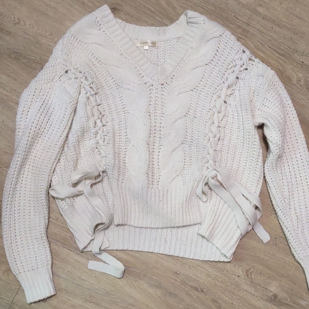 Ultra Flirt Cream V-Neck Sweater Chunky Knit